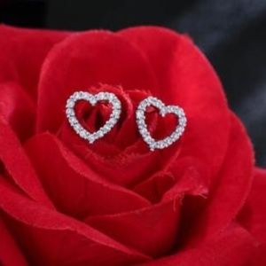 Womens Earrings Heart Silver Crystal Stud Pave